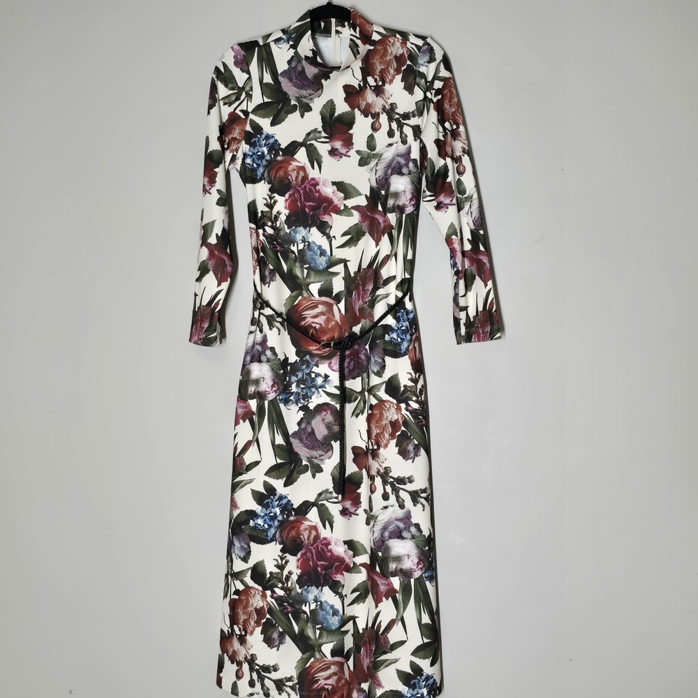 Anne Klein NWT Floral Midi Dress M Mock Neck Long Sleeve Belted Pink Ivory